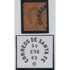 ARGENTINA 1865 GJ 20 RIVADAVIA ESTAMPILLA DE 3ra TIRADA CON MATASELLO CORREOS DE SANTA FE U$ 20 +